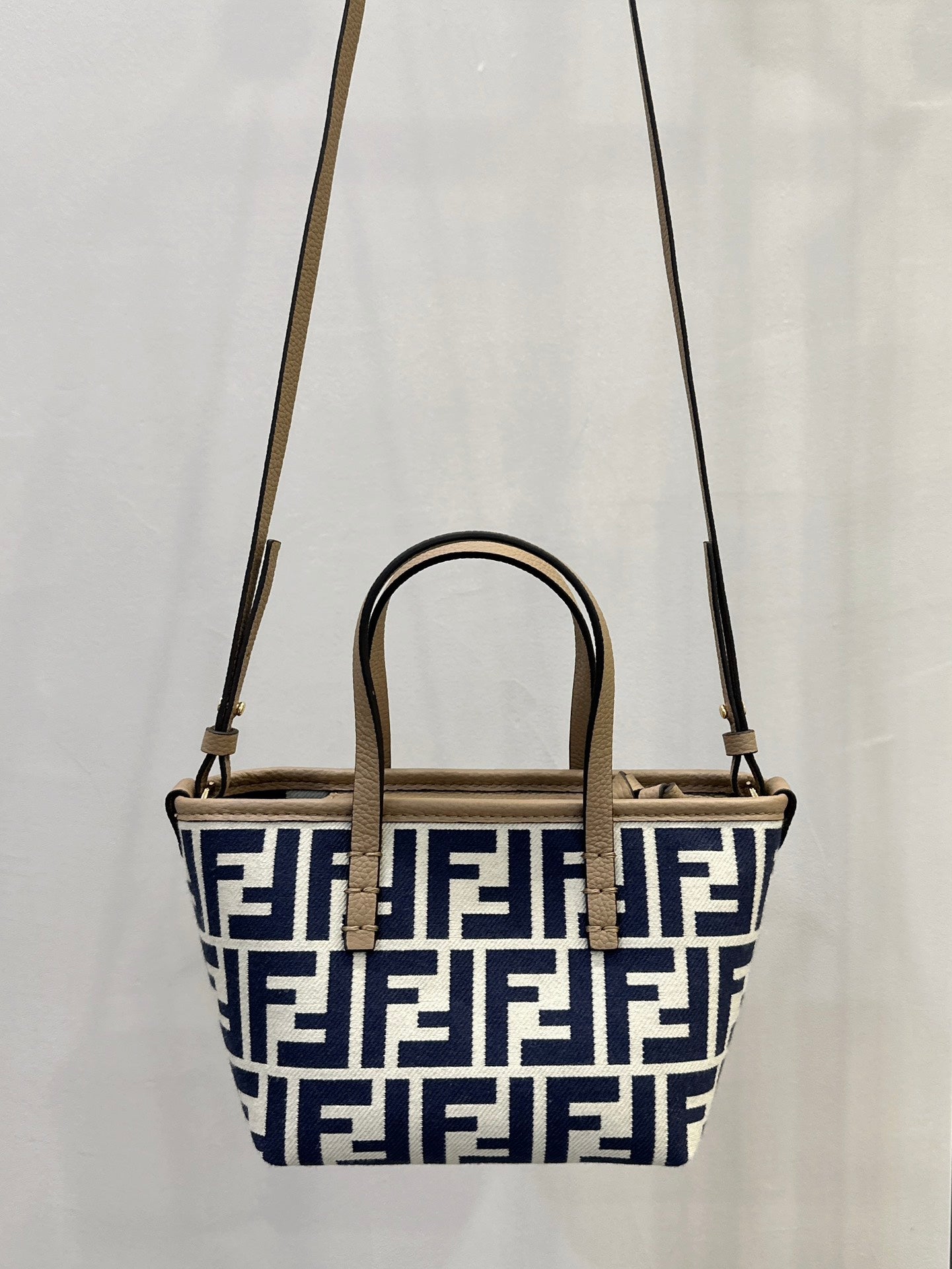 FENDI MINI ROLL BAG 15 MIDNIGHT BLUE MIX WHITE FF JACQUARD FABRIC