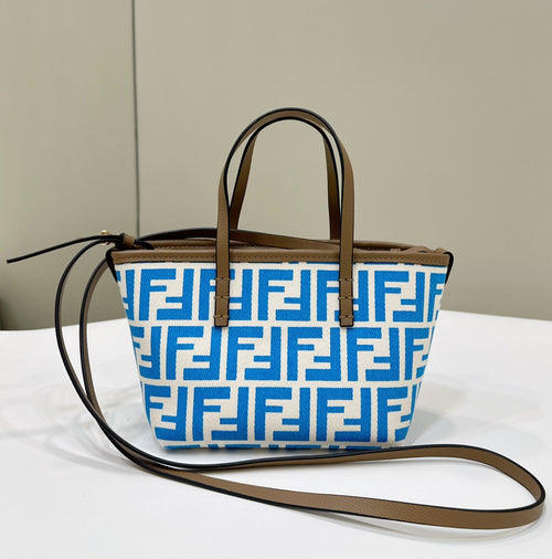 FENDI MINI ROLL BAG 15 OCEAN BLUE MIX WHITE FF JACQUARD FABRIC