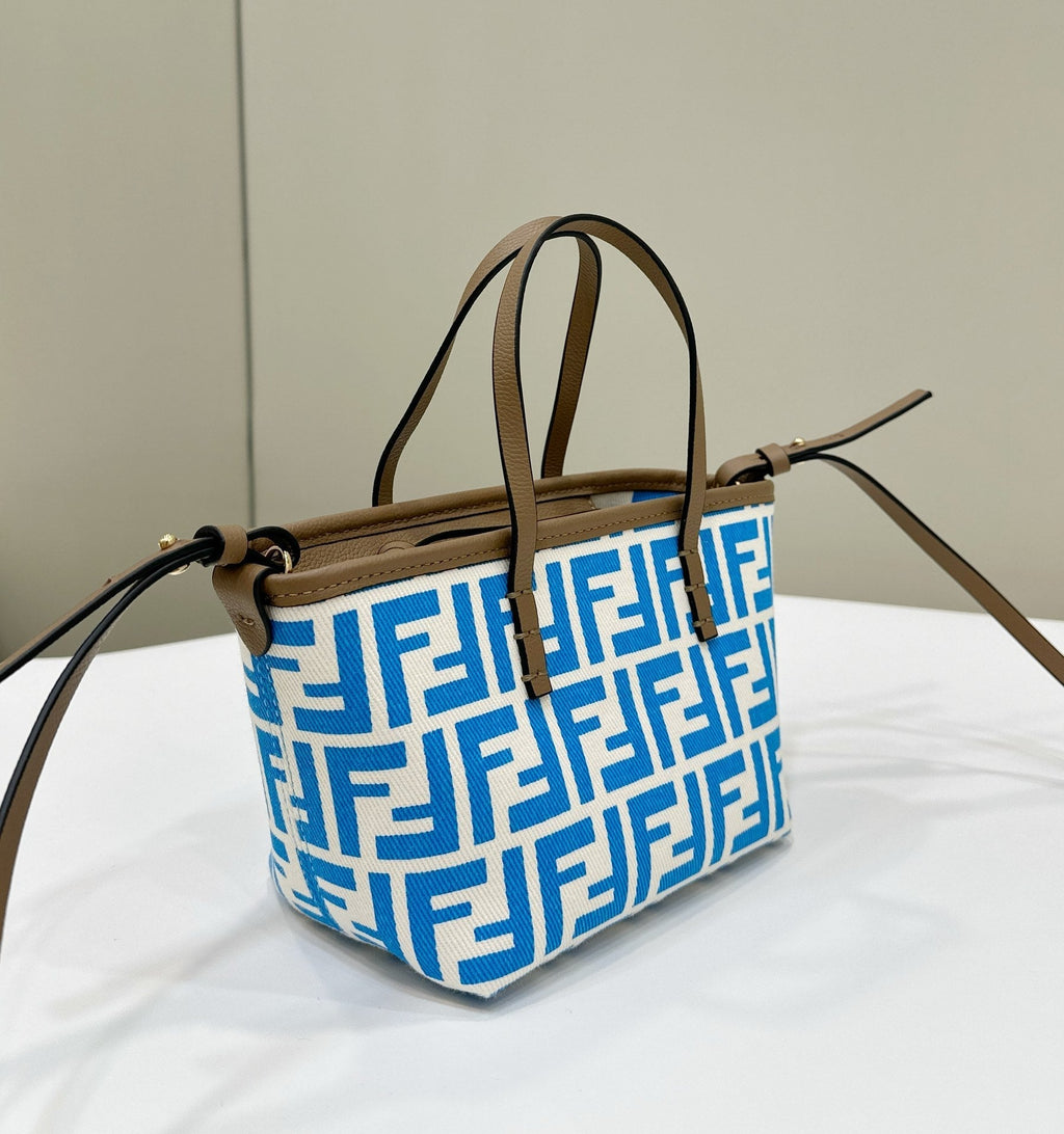 FENDI MINI ROLL BAG 15 OCEAN BLUE MIX WHITE FF JACQUARD FABRIC