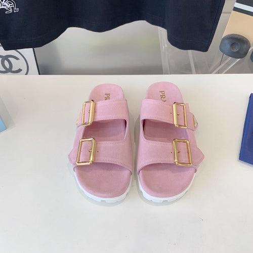 PRADA STRAP SLIDES SANDALS PASTEL PINK SUEDE