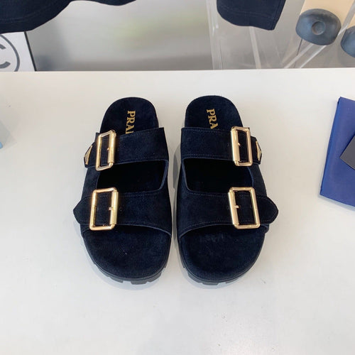 PRADA STRAP SLIDES SANDALS BLACK SUEDE