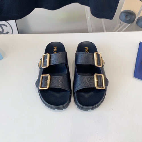 PRADA STRAP SLIDES SANDALS BLACK LAMBSKIN