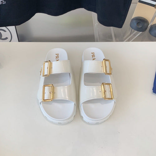 PRADA STRAP SLIDES SANDALS GLOSSY WHITE CALFSKIN