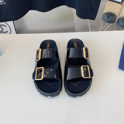 PRADA STRAP SLIDES SANDALS GLOSSY BLACK CALFSKIN