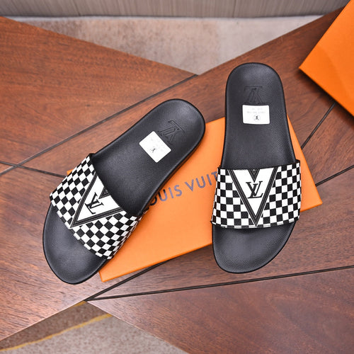 Louis Vuitton SLIPPERS IN BLACK MIX WHITE DAMIER CALFSKIN WITH WHITE LOGO