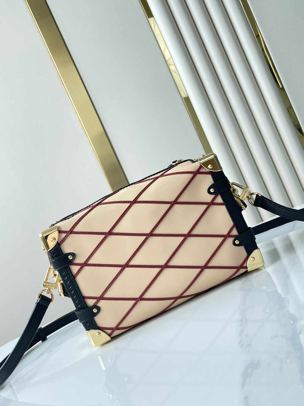Louis Vuitton SIDE TRUNK 21 IN BEIGE RED LAMBSKIN WITH CRISS CROSS PATTERN GOLD HARDWARE