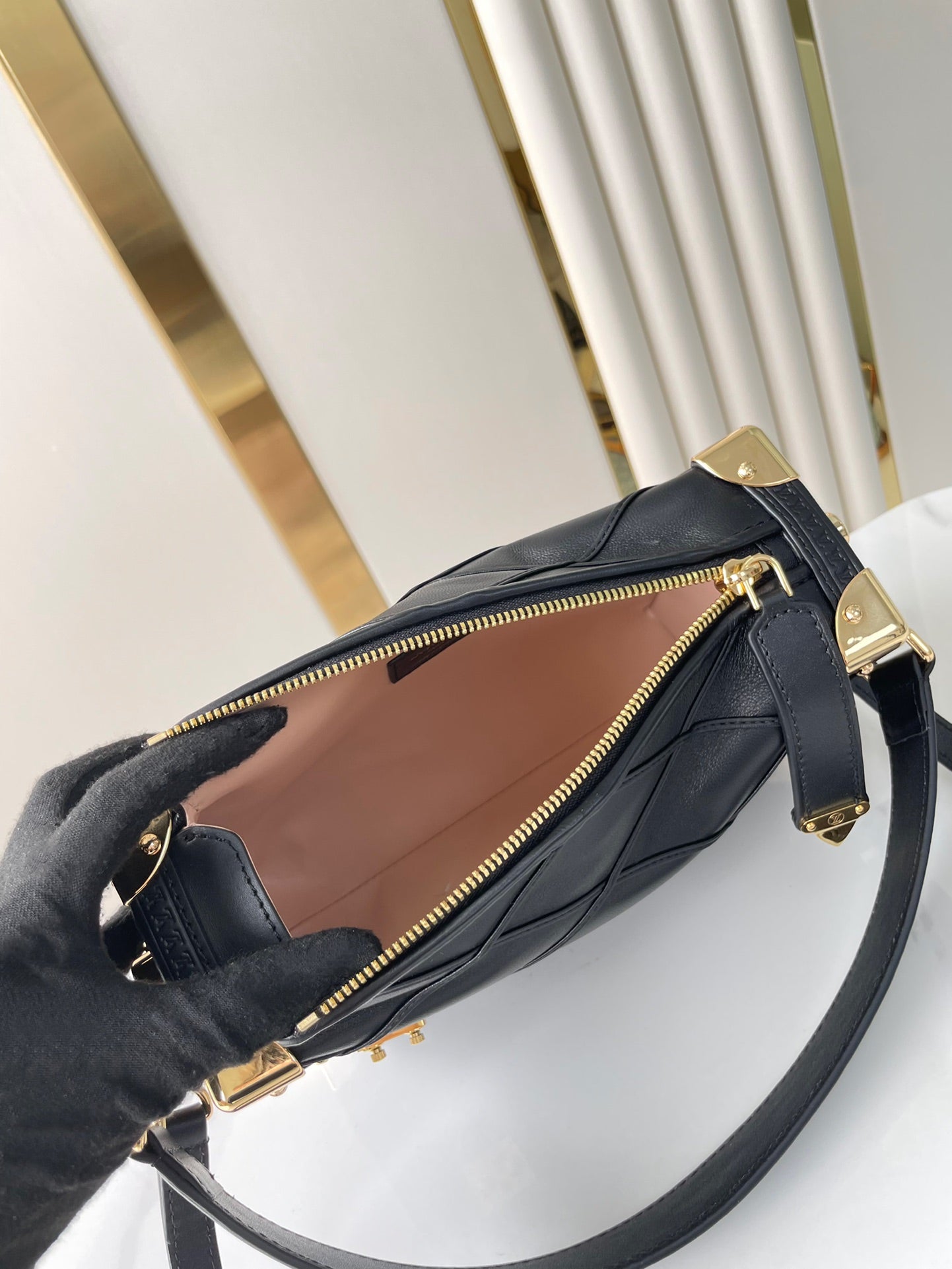 Louis Vuitton SIDE TRUNK 21 IN BLACK LAMBSKIN WITH CRISS CROSS PATTERN GOLD HARDWARE