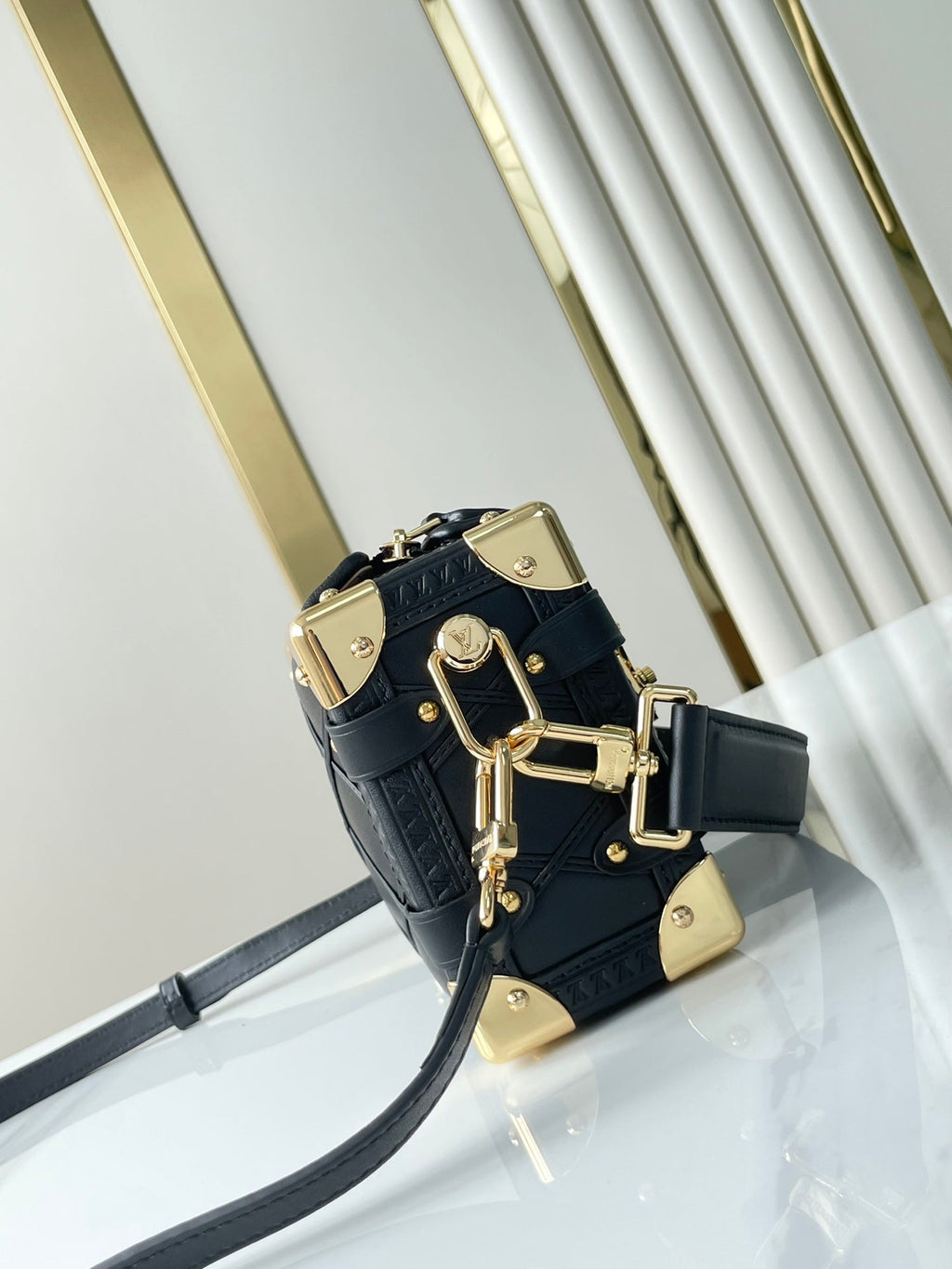 Louis Vuitton SIDE TRUNK MINI 18 IN BLACK LAMBSKIN WITH CRISS CROSS PATTERN GOLD HARDWARE