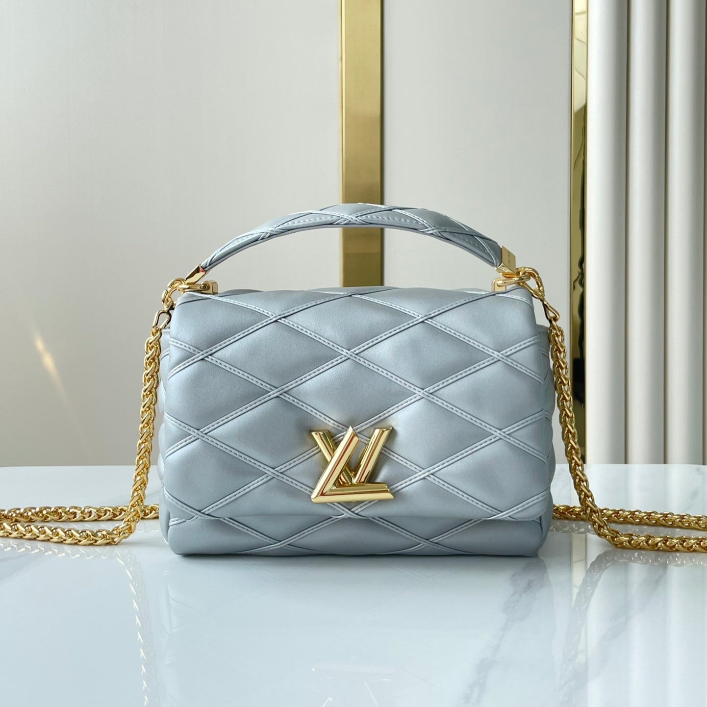 Louis Vuitton GO-14 MM 23 IN ECRUME GRAY QUILTED LAMBSKIN GOLD HARDWARE