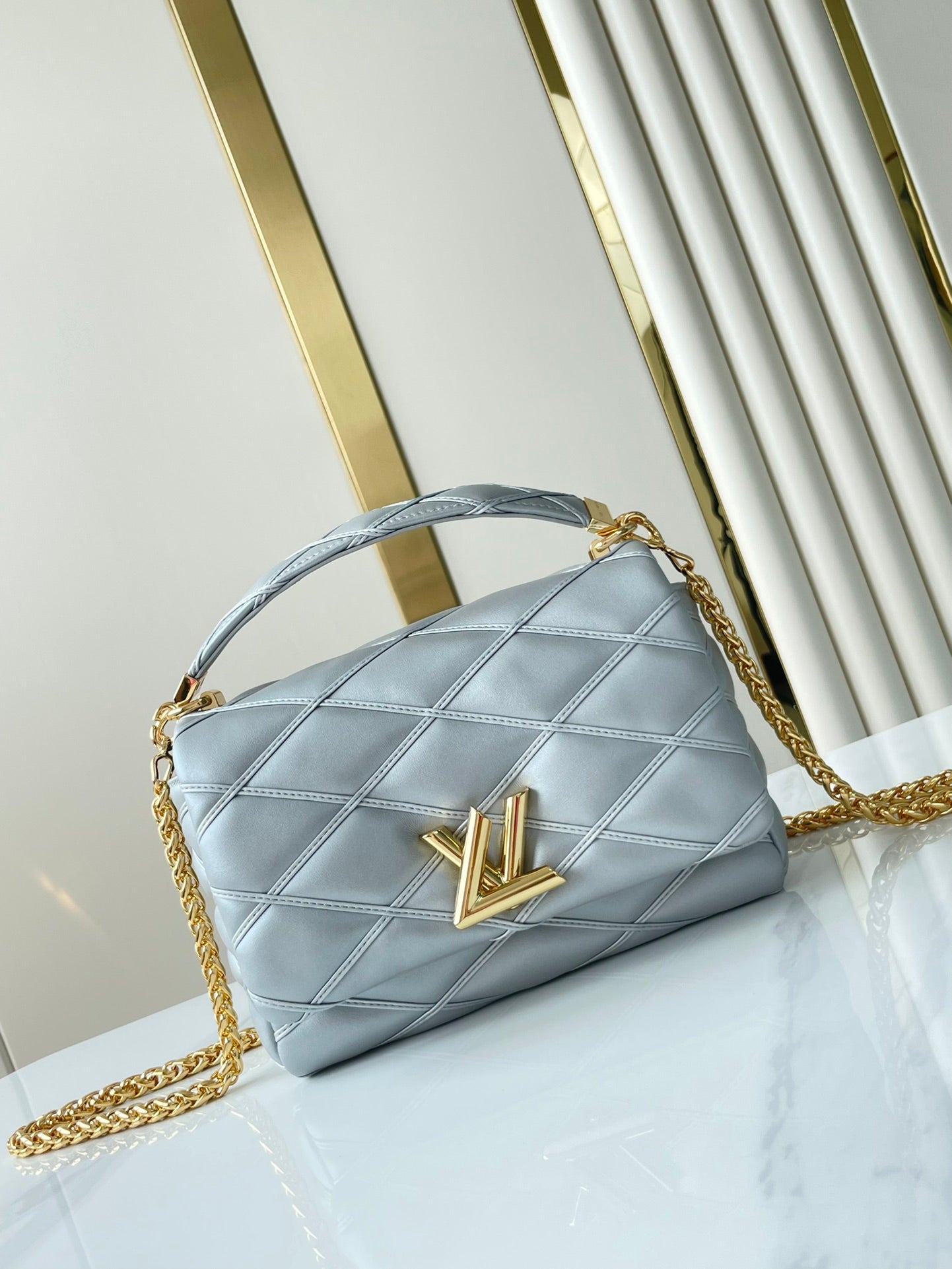 Louis Vuitton GO-14 MM 23 IN ECRUME GRAY QUILTED LAMBSKIN GOLD HARDWARE