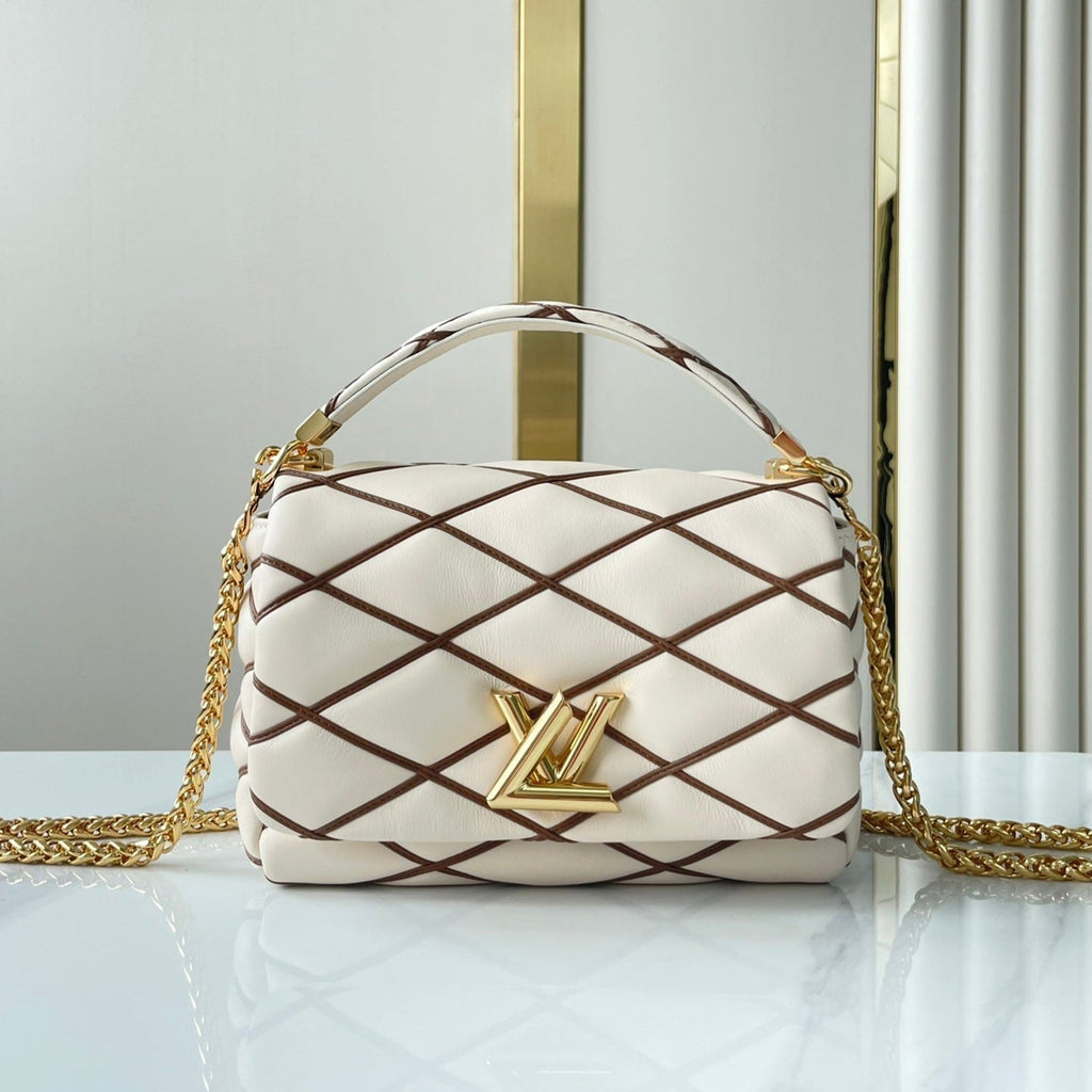 Louis Vuitton GO-14 MM 23 IN WHITE BROWN QUILTED LAMBSKIN GOLD HARDWARE