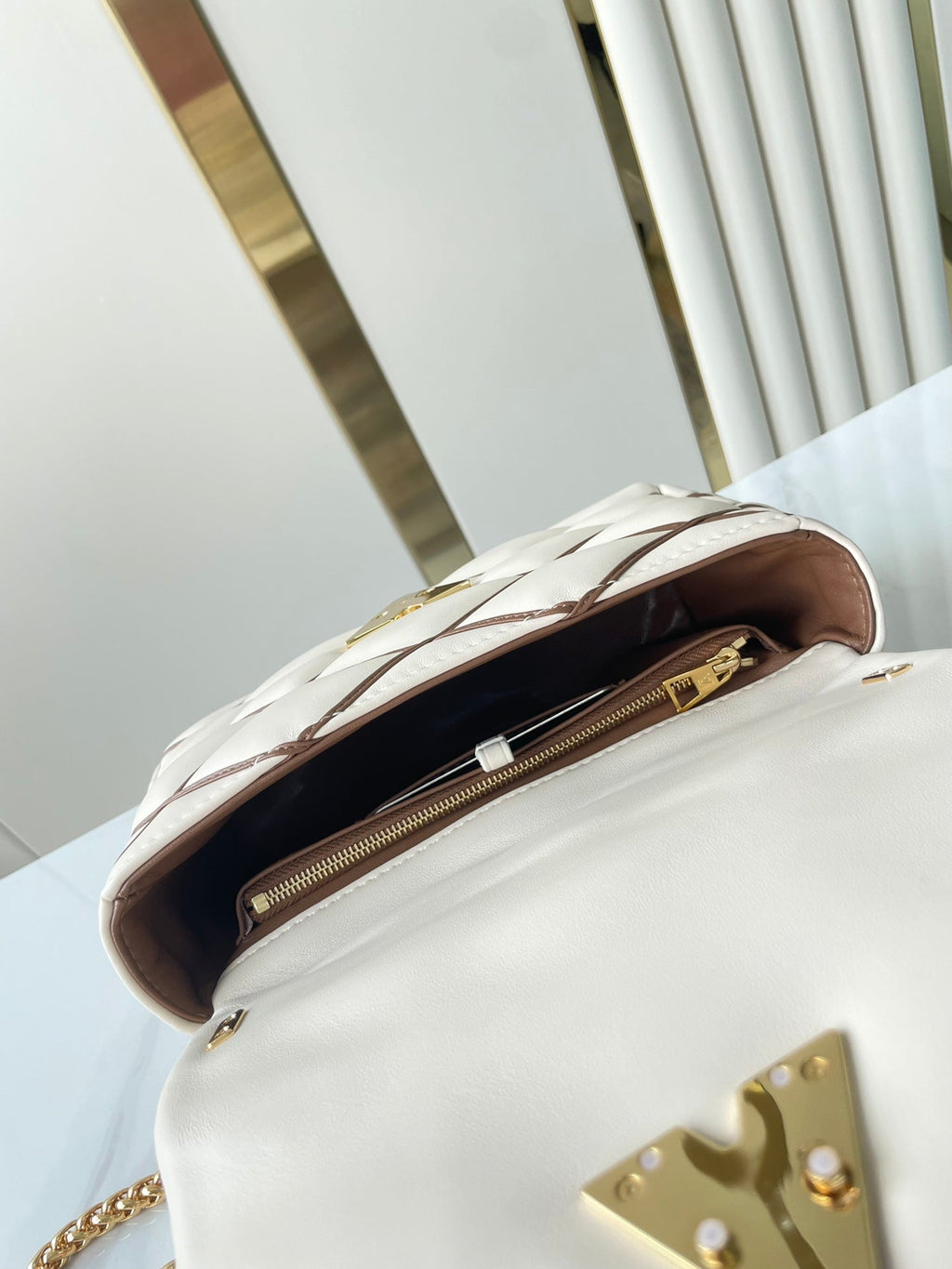 Louis Vuitton GO-14 MM 23 IN WHITE BROWN QUILTED LAMBSKIN GOLD HARDWARE