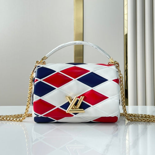 Louis Vuitton GO-14 MM 23 IN WHITE RED MIX NAVY BLUE QUILTED LAMBSKIN GOLD HARDWARE