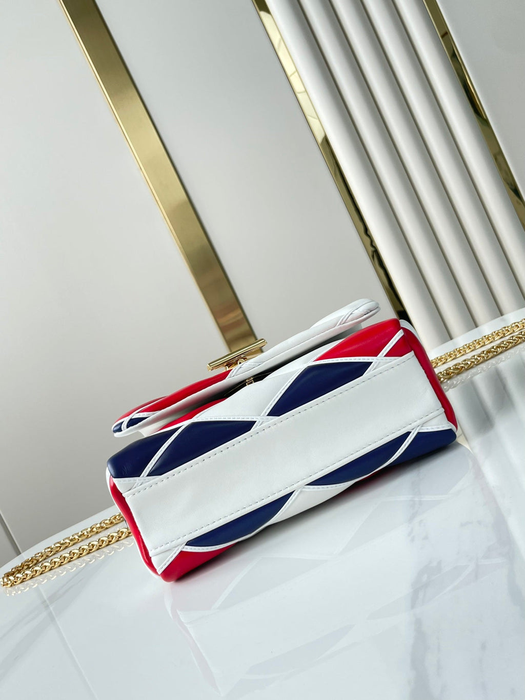 Louis Vuitton GO-14 MM 23 IN WHITE RED MIX NAVY BLUE QUILTED LAMBSKIN GOLD HARDWARE