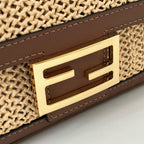 FENDI FENDI BAGUETTE 27 BAG IN BEIGE RAFFIA AND BROWN CALFSKIN WITH GOLD HARDWARE