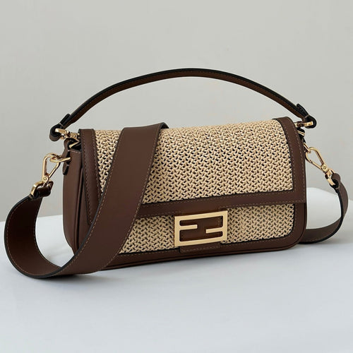 FENDI FENDI BAGUETTE 27 BAG IN BEIGE RAFFIA AND BROWN CALFSKIN WITH GOLD HARDWARE