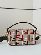 FENDI BAGUETTE CANVAS 27 BAG WITH MULTICOLOUR FF EMBROIDERY GOLD HARDWARE
