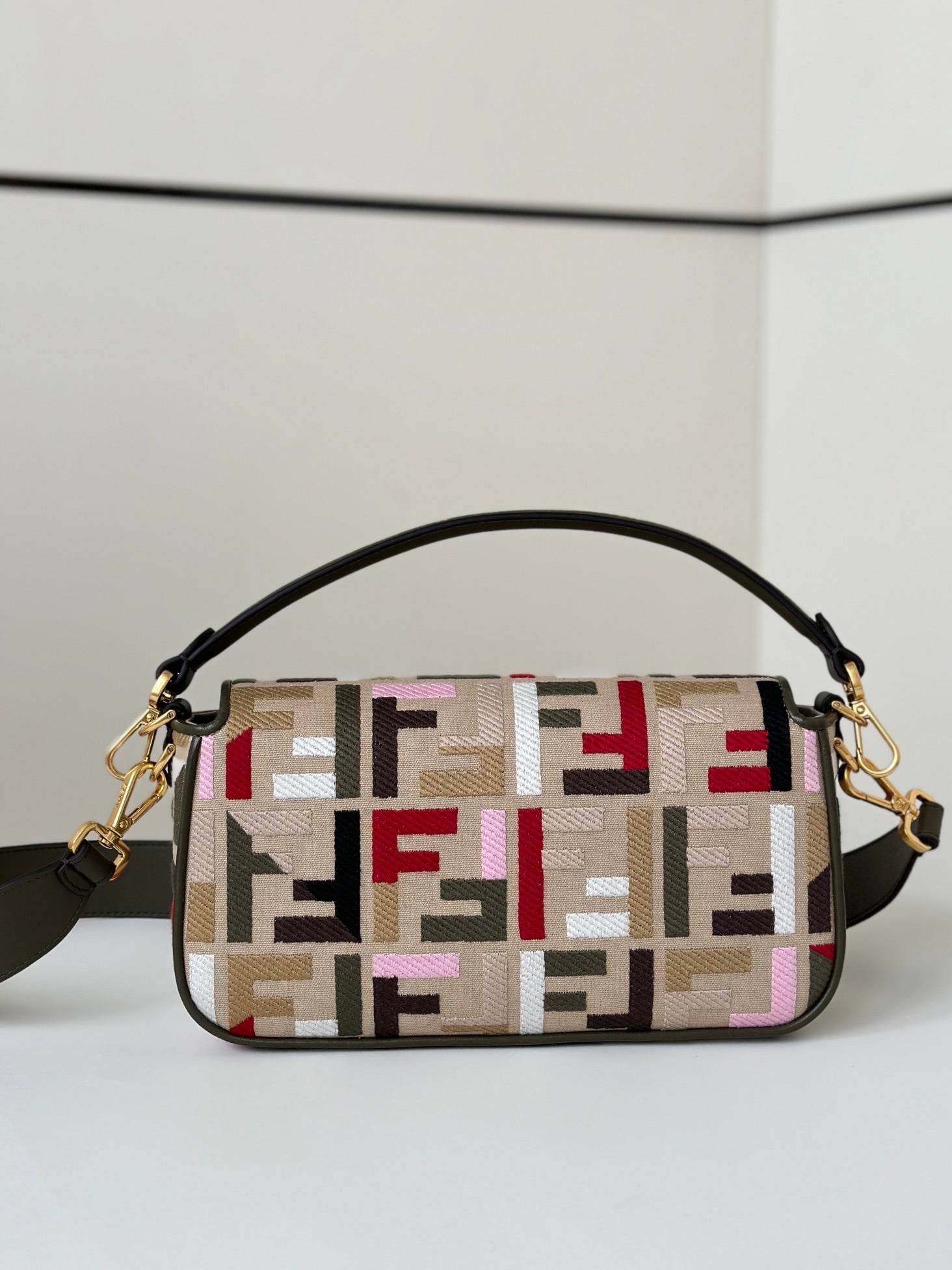 FENDI BAGUETTE CANVAS 27 BAG WITH MULTICOLOUR FF EMBROIDERY GOLD HARDWARE