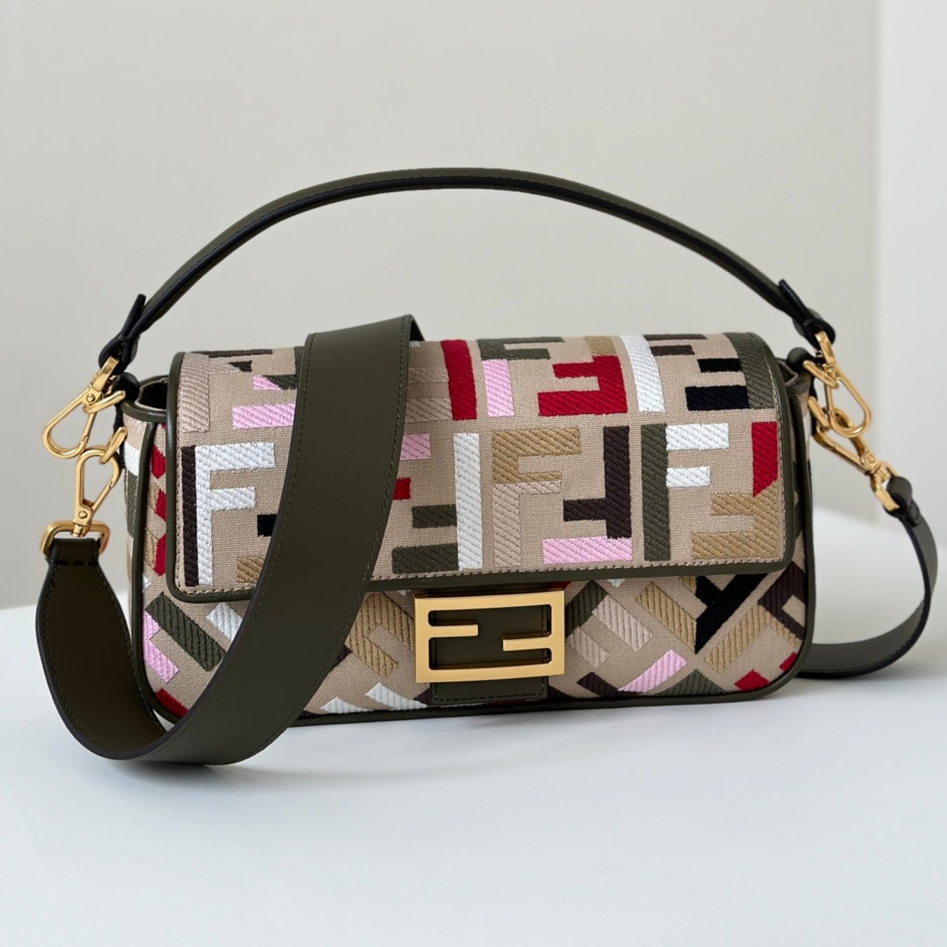 FENDI BAGUETTE CANVAS 27 BAG WITH MULTICOLOUR FF EMBROIDERY GOLD HARDWARE