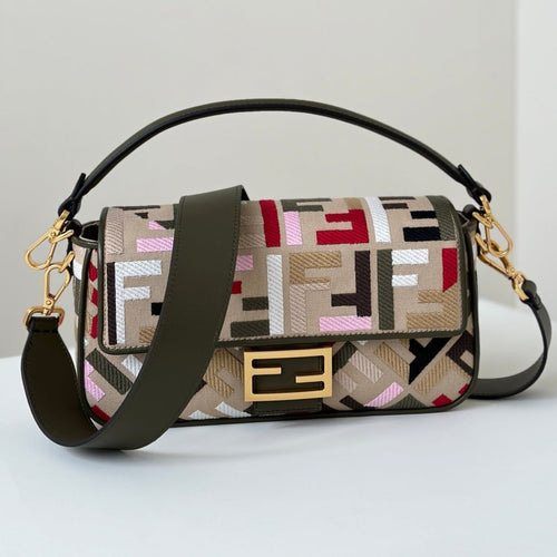 FENDI BAGUETTE CANVAS 27 BAG WITH MULTICOLOUR FF EMBROIDERY GOLD HARDWARE