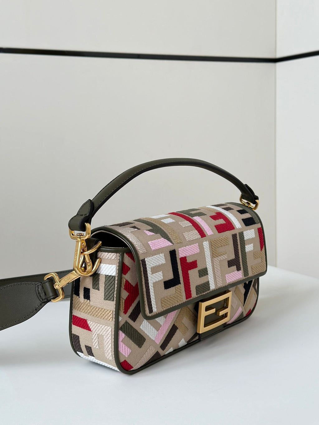 FENDI BAGUETTE CANVAS 27 BAG WITH MULTICOLOUR FF EMBROIDERY GOLD HARDWARE