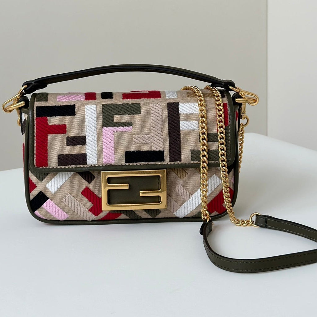 FENDI BAGUETTE CANVAS 19 BAG WITH MULTICOLOUR FF EMBROIDERY GOLD HARDWARE