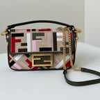 FENDI BAGUETTE CANVAS 19 BAG WITH MULTICOLOUR FF EMBROIDERY GOLD HARDWARE
