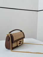 FENDI FENDI BAGUETTE 20 BAG IN BEIGE RAFFIA AND BROWN CALFSKIN WITH GOLD HARDWARE