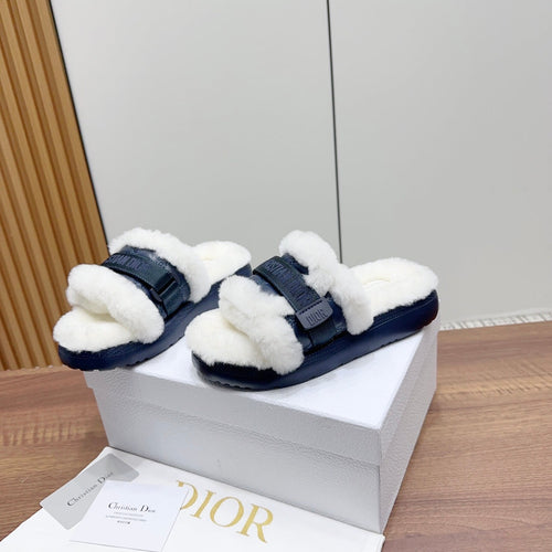 DIOR  DIORiviera Dio(r)evolution Slide Deep Blue White Quilted Fleece Lining And Lambskin