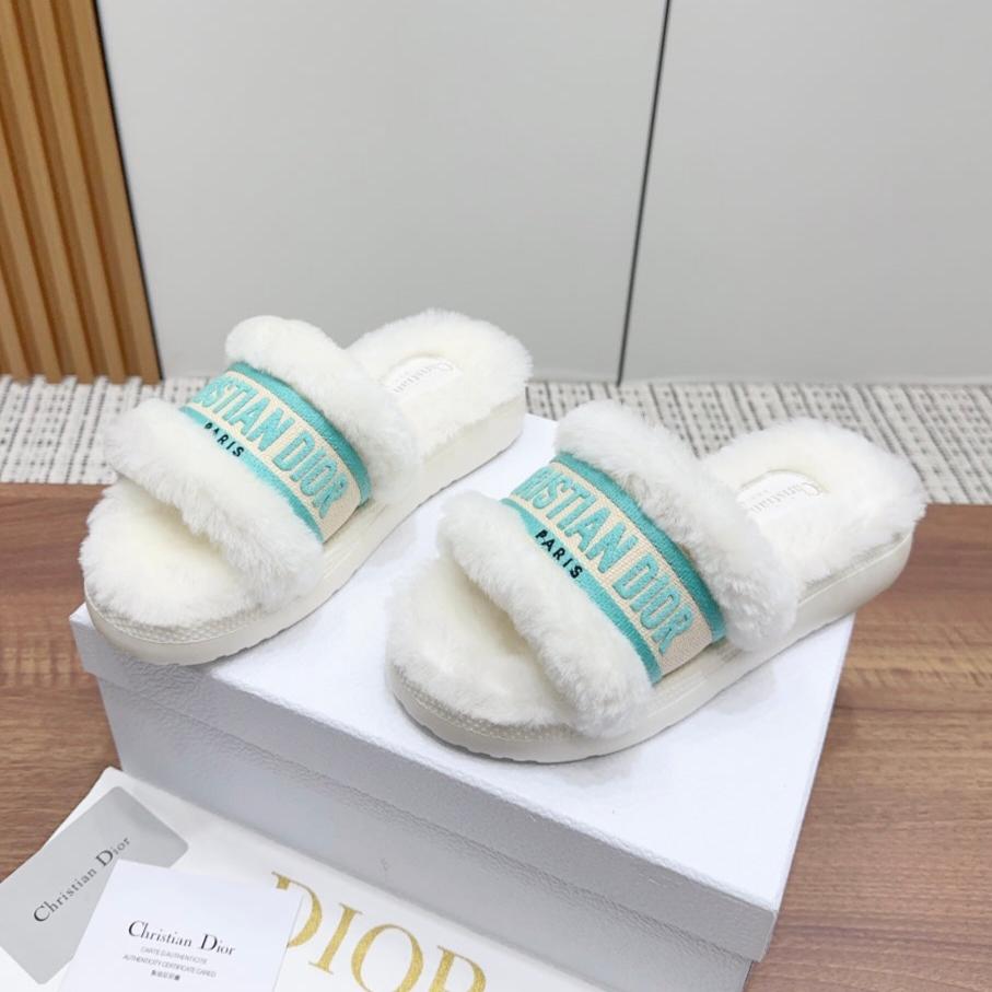 DIOR Dway Slide White Jade Green Fleece Lining And Canvas Fabric