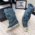 CHANEL High-Top Canvas Boots Blue Black Denim Fabric  938049