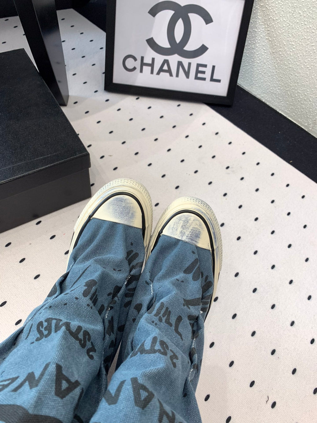 CHANEL High-Top Canvas Boots Blue Black Denim Fabric  938049