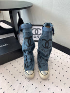 CHANEL High-Top Canvas Boots Blue Black Denim Fabric  938049