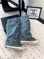 CHANEL High-Top Canvas Boots Blue Black Denim Fabric  938049