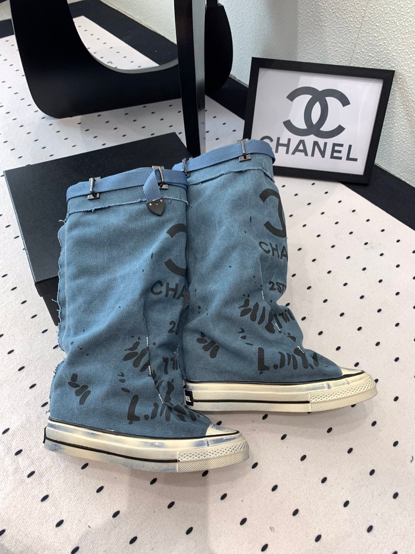 CHANEL High-Top Canvas Boots Blue Black Denim Fabric  938049