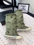 CHANEL High-Top Canvas Boots Khaki Green Black Denim Fabric 938051