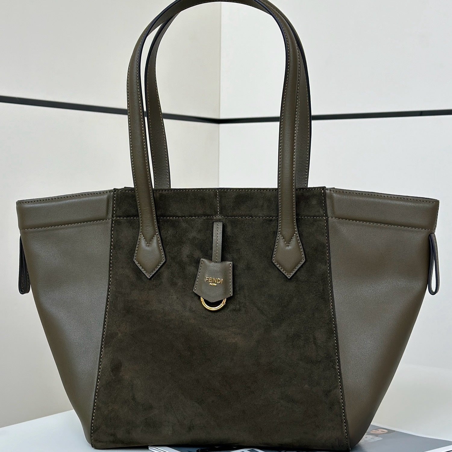FENDI ORIGAMI MEDIUM 27 IN ARMY GREEN LAMBSKIN AND SUEDE