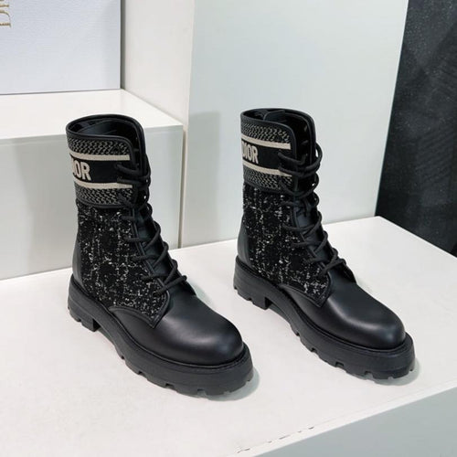 DIOR Major Ankle Boots Black White Calfskin And Fabric Canvas