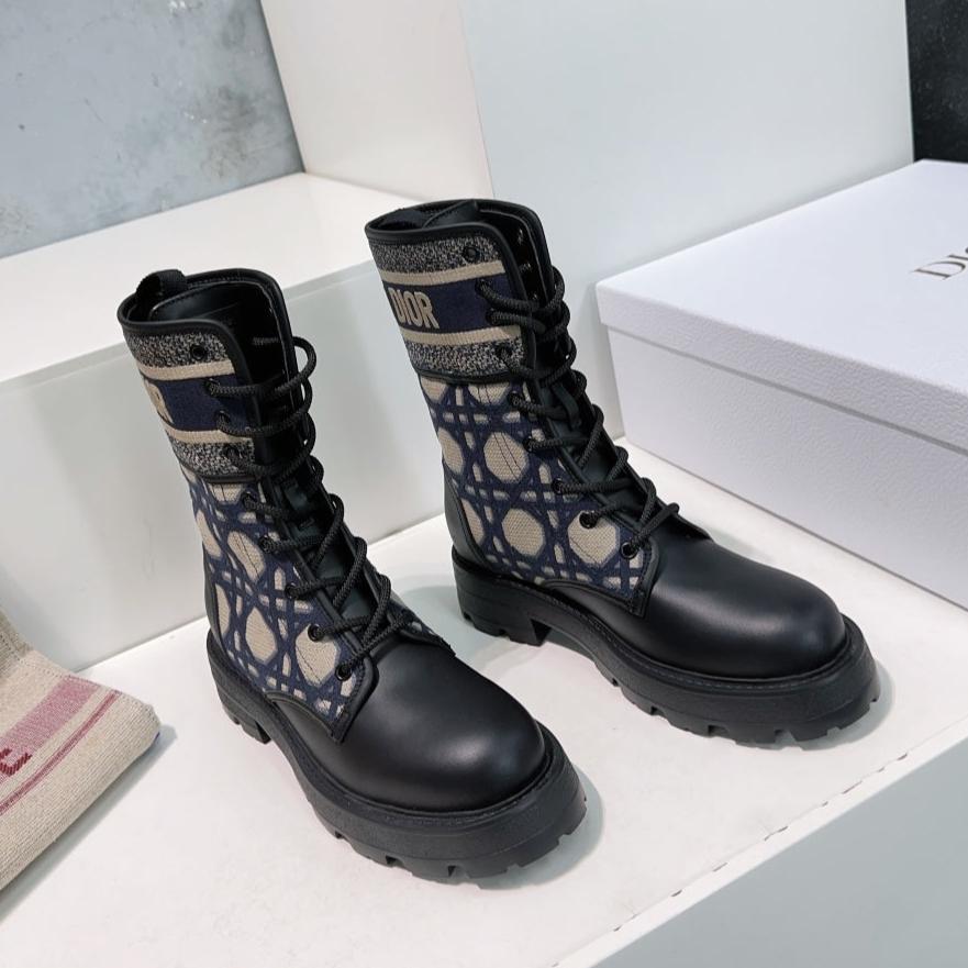 DIOR Major Ankle Boots Black Navy Blue Calfskin And Fabric Canvas
