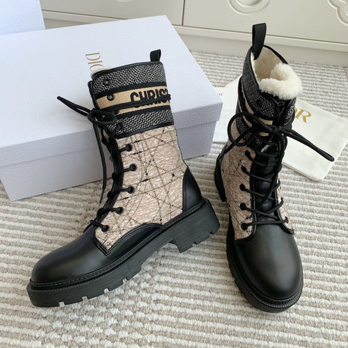 DIOR D-Major Ankle Boot In Dark Beige Mix Black Canvas With Fleece Lining 105072