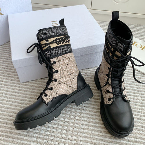 DIOR D-Major Ankle Boot In Dark Beige Mix Black Canvas And Cowhide 105071