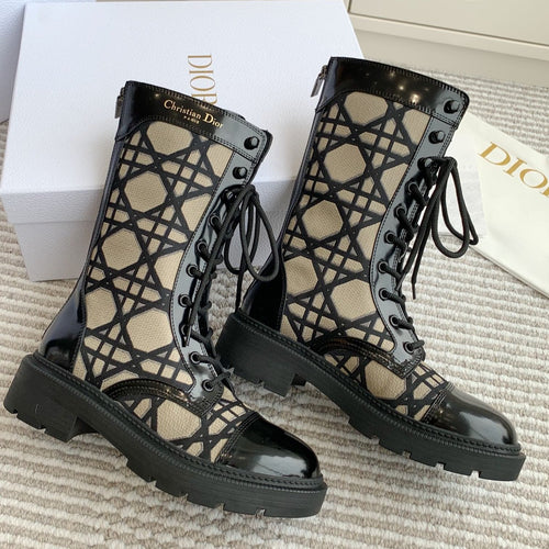 DIOR D-Unit Ankle Boot In Dark Beige Mix Black Canvas And Glossy Cowhide  105082