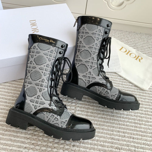 DIOR D-Unit Ankle Boot In Grey Mix Black Denim Fabric And Glossy Cowhide 105084