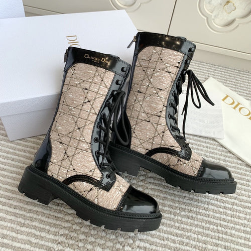 DIOR D-Unit Ankle Boot In Beige Mix Black Tweed Fabric And Glossy Cowhide 105088