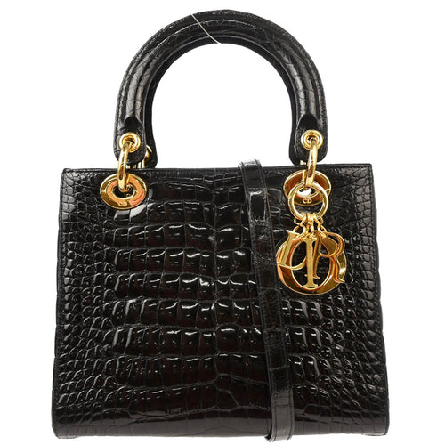 Christian Dior * 2003 Black Crocodile Medium Lady Dior 2way Shoulder Handbag