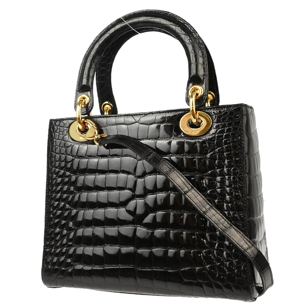 Christian Dior * 2003 Black Crocodile Medium Lady Dior 2way Shoulder Handbag