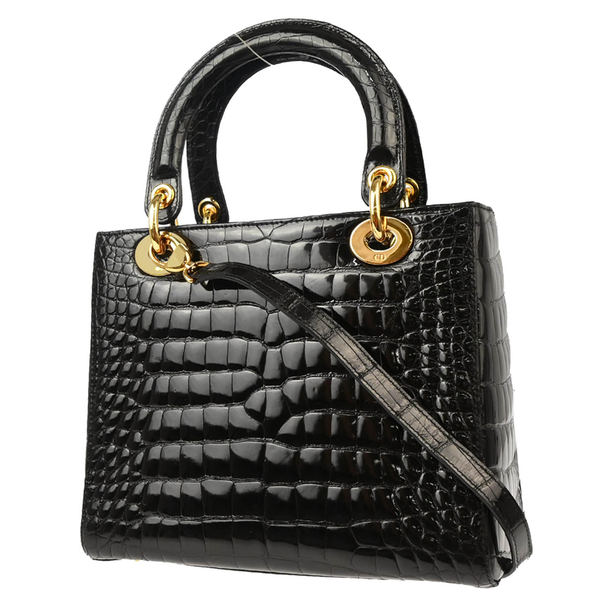 Christian Dior * 2003 Black Crocodile Medium Lady Dior 2way Shoulder Handbag