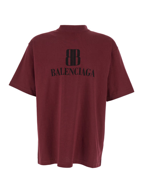 Balenciaga Men Bordeaux Crewneck T-Shirt With Logo Print On The Front In Cotton Man