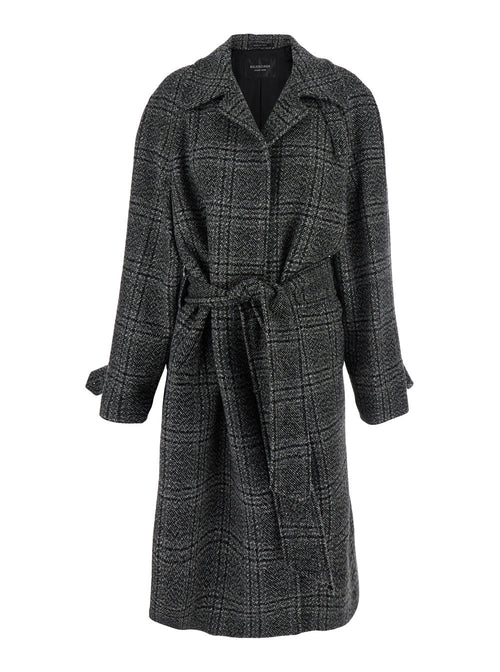 Balenciaga Women Grey Coat With Wide Notched Revers And All-Over Check Motif In Wool Woman