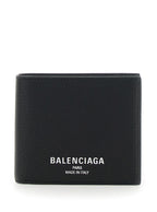 Balenciaga Men Black Bi-Fold Wallet With Logo Lettering On The Front In Grained Leather Man